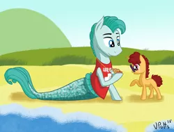 Size: 2195x1670 | Tagged: safe, artist:torusthescribe, derpibooru import, oc, unofficial characters only, earth pony, pony, sea pony, beach, clothes, duo, earth pony oc, image, jpeg, male, outdoors, parent:rarity, parents:canon x oc, raised hoof, signature, smiling