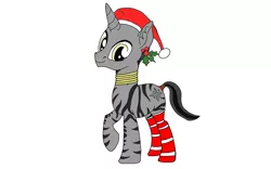 Size: 1280x800 | Tagged: safe, artist:royaltyofequestria, derpibooru import, oc, oc:maya, unicorn, zebra, zebracorn, christmas, clothes, colored, ear fluff, gold, gray coat, hat, holiday, horn, image, jewelry, mistletoe, necklace, png, ring, santa hat, simple background, socks, solo, stripes, tail, tail wrap