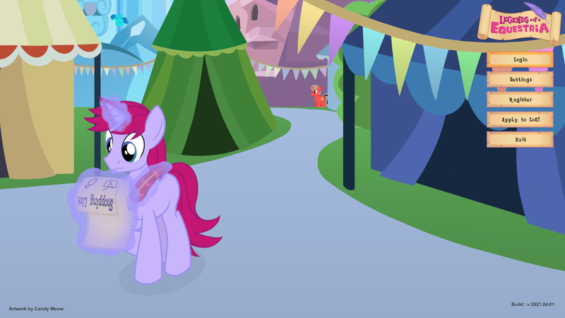 Size: 1920x1080 | Tagged: safe, artist:candy meow, derpibooru import, screencap, oc, oc:blue yonder, oc:free trade, oc:prologue, unofficial characters only, pegasus, pony, unicorn, crystal castle, crystal empire, crystal fair con, crystal kingdom, feather, festive, flying, game, horn, house, image, legends of equestria, magic, main menu, mane, mascot, npc, pegasus oc, png, scroll, shopping list, tail, tent, two toned tail, unicorn oc, video game, wings