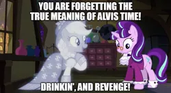 Size: 887x482 | Tagged: safe, derpibooru import, edit, edited screencap, screencap, applejack, snowfall frost, spirit of hearth's warming past, starlight glimmer, a hearth's warming tail, alvis, captain murphy, caption, feast of alvis, image, image macro, jpeg, meme, sealab 2021, text