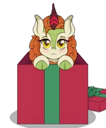 Size: 1305x1567 | Tagged: safe, artist:nathayro37, derpibooru import, autumn blaze, kirin, awwtumn blaze, blushing, box, christmas, cute, female, holiday, image, looking at you, mare, png, pony in a box, present, smiling, solo