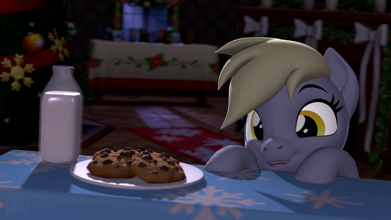 Size: 3840x2160 | Tagged: safe, artist:owlpirate, derpibooru import, derpy hooves, pegasus, pony, 3d, chocolate chip cookies, christmas, christmas tree, cute, decoration, derpabetes, eyes on the prize, holiday, image, milk, night, png, smiling, solo, source filmmaker, table, tree