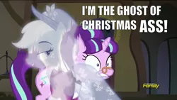 Size: 1280x720 | Tagged: suggestive, derpibooru import, edit, edited screencap, screencap, applejack, snowfall frost, spirit of hearth's warming past, starlight glimmer, ghost, undead, a hearth's warming tail, season 6, caption, discovery family, discovery family logo, image, image macro, incorporeal, logo, png, shocked, text
