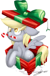 Size: 970x1460 | Tagged: safe, artist:hardlugia, derpibooru import, derpy hooves, pegasus, pony, candy, candy cane, christmas, cute, food, holiday, image, mistletoe, png, ribbon, silly, silly pony, snow, solo