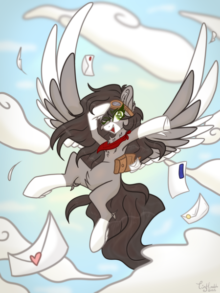 Size: 1620x2160 | Tagged: safe, artist:tizhonolulu, derpibooru import, oc, oc:snowy skies, pegasus, pony, bag, clothes, cloud, flying, goggles, image, letter, mail, mailbag, mailmare, one eye closed, png, scarf, sky, solo, wink