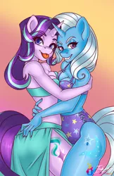 Size: 660x1020 | Tagged: safe, artist:bumblebun, artist:inkkeystudios, derpibooru import, starlight glimmer, trixie, anthro, breasts, cleavage, clothes, female, females only, grin, hug, image, lesbian, lidded eyes, looking at you, png, raspberry, shipping, smiling, startrix, swimsuit, symmetrical docking, tongue out