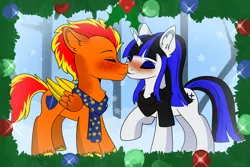 Size: 3000x2000 | Tagged: safe, artist:aurorafang, derpibooru import, oc, oc:coldlight bluestar, oc:fireheart, hybrid, unicorn, clothes, couple, hearth's warming eve, hearths warming, image, kissing, mistletoe, pegabat, png, scarf, shipping, shipping fuel