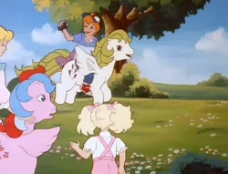 Size: 703x538 | Tagged: safe, derpibooru import, screencap, danny williams, megan williams, molly williams, surprise, whizzer, human, pegasus, pony, twinkle eyed pony, my little pony 'n friends, the great rainbow caper, adoraprise, baseball cap, blouse, bow, camera, cap, clothes, cute, dannybetes, female, g1, galloping, hat, humans riding ponies, image, jpeg, land, male, mare, megandorable, mollybetes, open mouth, open smile, overalls, pants, ponyland, riding, shirt, shoes, siblings, smiling, tail, tail bow, tree, t-shirt, whizzabetes, williams siblings, younger