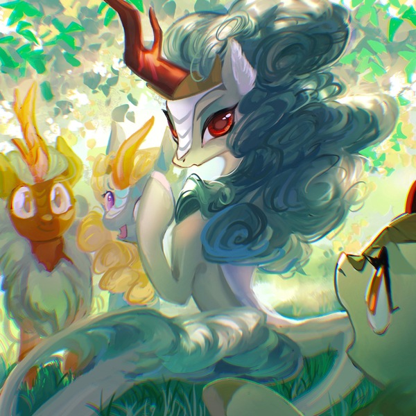 Size: 2048x2048 | Tagged: safe, artist:tingsan, derpibooru import, autumn blaze, cinder glow, rain shine, summer flare, winter flame, kirin, ear fluff, female, image, jpeg, looking back