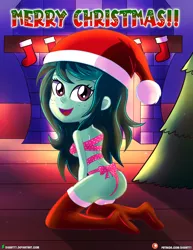 Size: 1500x1942 | Tagged: suggestive, artist:dieart77, derpibooru import, wallflower blush, equestria girls, ass, butt, christmas, christmas tree, fire, fireplace, hat, holiday, image, jpeg, merry christmas, open mouth, partial nudity, santa hat, tree, wallflower butt