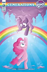 Size: 1186x1800 | Tagged: safe, derpibooru import, idw, pinkie pie, violet shiver, earth pony, pony, unicorn, my little pony: generations, cover art, image, jpeg, rainbow, smooze pony