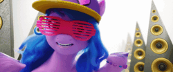 Size: 960x400 | Tagged: safe, derpibooru import, edit, edited screencap, screencap, izzy moonbow, pony, unicorn, my little pony: a new generation, spoiler:my little pony: a new generation, animated, baseball cap, cap, dancing, female, fit right in (g5), g5, gif, glasses, hat, image, loop, mare, rapping, speakers
