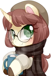 Size: 1000x1492 | Tagged: safe, artist:loyaldis, derpibooru import, oc, oc:céline actias, unofficial characters only, pony, unicorn, beanie, blushing, chocolate, clothes, commission, cup, digital art, female, food, freckles, gift art, glasses, hat, horn, hot chocolate, image, mare, png, scarf, simple background, solo, transparent background, unicorn oc, ych result