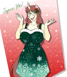 Size: 3400x3900 | Tagged: safe, artist:hasana-chan, derpibooru import, oc, oc:céline actias, unofficial characters only, anthro, unguligrade anthro, unicorn, anthro oc, big breasts, breasts, christmas, clothes, commission, curved horn, dialogue, digital art, dress, female, freckles, french, glasses, hearth's warming, holiday, horn, image, mistletoe, png, solo, unicorn oc