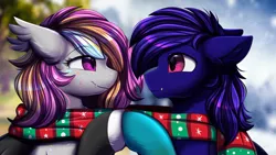 Size: 2920x1642 | Tagged: safe, artist:pridark, derpibooru import, oc, unofficial characters only, bat pony, pony, bat pony oc, bat wings, bust, christmas, clothes, commission, cute, cute little fangs, duo, fangs, high res, holiday, image, looking at each other, looking at someone, png, portrait, scarf, snow, solo, wings