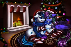 Size: 3246x2133 | Tagged: safe, artist:pridark, derpibooru import, oc, unofficial characters only, pegasus, pony, unicorn, christmas, christmas decoration, christmas tree, clothes, commission, cutie mark, eyes closed, family, fire, fireplace, high res, holiday, horn, image, open mouth, pegasus oc, png, socks, solo, stockings, striped socks, thigh highs, tree, unicorn oc, wings