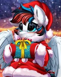 Size: 2550x3209 | Tagged: safe, artist:pridark, derpibooru import, part of a set, oc, oc:retro city, unofficial characters only, pony, blushing, christmas, commission, cute, hat, high res, holiday, image, ocbetes, part of a series, png, present, santa hat, snow, solo, ych result