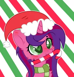 Size: 3465x3613 | Tagged: safe, artist:darbypop1, derpibooru import, oc, oc:alyssa rice, alicorn, pony, base used, candy, candy cane, christmas, clothes, female, food, hat, heart eyes, holiday, image, mare, mouth hold, png, santa hat, scarf, solo, wingding eyes