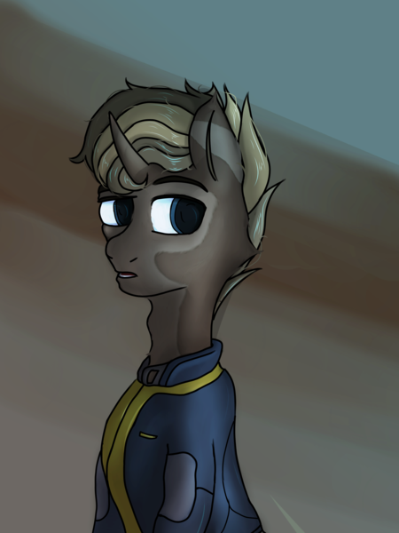 Size: 2448x3264 | Tagged: safe, artist:dvfrots, derpibooru import, oc, pony, unicorn, fallout equestria, fallout, foe, image, male, png, pony oc, simple background, solo, stable, stallion, update, updated