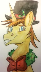 Size: 2116x3697 | Tagged: safe, artist:schwarz, derpibooru import, oc, oc:cream brun, christmas wreath, hat, image, jpeg, simple background, top hat, traditional art, watercolor painting, wreath