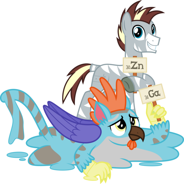 Size: 5000x5007 | Tagged: safe, artist:melisareb, derpibooru import, oc, oc:gavin gallium, oc:zee zinc, unofficial characters only, gryphon, original species, pony, zebra, derpibooru community collaboration, .svg available, 2022 community collab, absurd resolution, duo, gallium, image, male, melting, object griffon, object zebra, periodic table, png, sign, simple background, smiling, stallion, transparent background, vector, zinc