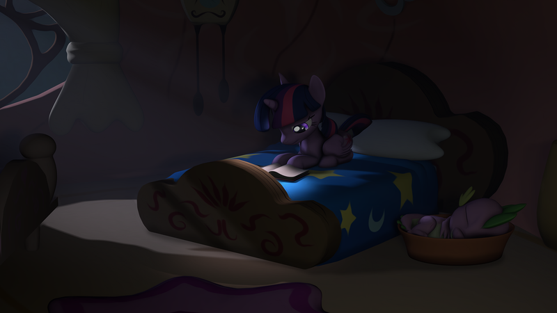 Size: 1920x1080 | Tagged: safe, artist:litterpaws, derpibooru import, spike, twilight sparkle, twilight sparkle (alicorn), alicorn, 3d, bed, bedroom, derpibooru exclusive, golden oaks library, image, library, night, png, reading, sleeping, source filmmaker