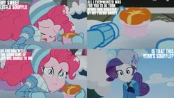 Size: 1280x720 | Tagged: safe, derpibooru import, edit, edited screencap, editor:quoterific, screencap, pinkie pie, rarity, equestria girls, equestria girls series, holidays unwrapped, spoiler:eqg series (season 2), crying, eyes closed, female, food, image, open mouth, png, saving pinkie's pie, snow, souffle