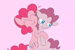 Size: 3000x2000 | Tagged: safe, artist:anonymous, derpibooru import, mean pinkie pie, pinkie pie, earth pony, pony, the mean 6, clone, cute, drawthread, duo, eyes closed, floating heart, heart, hug, image, pink background, png, requested art, simple background, unamused