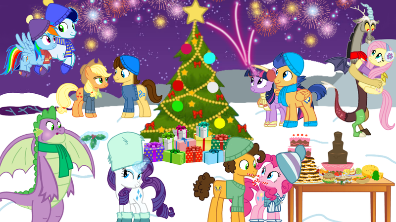 Size: 1280x720 | Tagged: safe, artist:mlplary6, derpibooru import, applejack, caramel, cheese sandwich, discord, flash sentry, fluttershy, pinkie pie, rainbow dash, rarity, soarin', spike, twilight sparkle, alicorn, draconequus, dragon, earth pony, pegasus, pony, unicorn, carajack, cheesepie, christmas, christmas tree, discoshy, female, fireworks, flashlight, food, holiday, image, male, png, present, shipping, snow, soarindash, sparity, straight, tree