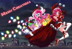 Size: 5082x3500 | Tagged: safe, alternate version, artist:mauroz, derpibooru import, apple bloom, pinkie pie, rarity, scootaloo, spike, sweetie belle, dragon, earth pony, human, pegasus, pony, unicorn, absurd file size, absurd resolution, anime, bag, breasts, christmas, clothes, costume, cutie mark crusaders, female, hat, heart eyes, high heels, holiday, human ponidox, humanized, image, implied shipping, implied sparity, implied straight, male, mare, plushie, png, sack, santa claus, santa costume, santa hat, self paradox, self ponidox, shoes, snow, socks, stockings, thigh highs, wingding eyes