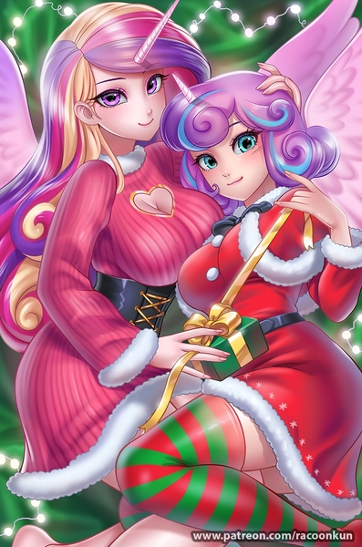 Size: 800x1208 | Tagged: safe, artist:racoonsan, derpibooru import, princess cadance, princess flurry heart, human, breasts, busty princess cadance, christmas, cleavage window, clothes, costume, cute, hearth's warming, holiday, horn, horned humanization, humanized, image, jpeg, older, older flurry heart, present, santa costume, socks, stockings, teenage flurry heart, teenager, thigh highs