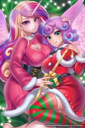 Size: 800x1208 | Tagged: safe, artist:racoonsan, derpibooru import, princess cadance, princess flurry heart, human, adult flurry heart, breasts, busty princess cadance, christmas, cleavage window, clothes, costume, cute, hearth's warming, holiday, horn, horned humanization, humanized, image, jpeg, present, santa costume, socks, stockings, thigh highs