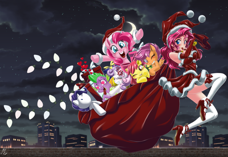 Size: 5082x3500 | Tagged: safe, artist:mauroz, derpibooru import, apple bloom, pinkie pie, rarity, scootaloo, spike, sweetie belle, dragon, earth pony, human, pegasus, pony, unicorn, absurd file size, absurd resolution, anime, bag, breasts, christmas, clothes, costume, cutie mark crusaders, female, hat, heart eyes, high heels, holiday, human ponidox, humanized, image, implied shipping, implied sparity, implied straight, male, mare, plushie, png, sack, santa claus, santa costume, santa hat, self paradox, self ponidox, shoes, snow, socks, stockings, thigh highs, wingding eyes