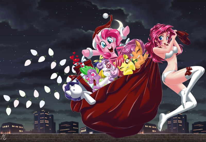 Size: 5082x3500 | Tagged: suggestive, alternate version, artist:mauroz, derpibooru import, apple bloom, pinkie pie, rarity, scootaloo, spike, sweetie belle, dragon, earth pony, human, pegasus, pony, unicorn, absurd resolution, anime, bag, bra, breasts, christmas, clothes, costume, cutie mark crusaders, female, hat, heart eyes, high heels, holiday, human ponidox, humanized, image, implied shipping, implied sparity, implied straight, male, mare, panties, plushie, png, sack, santa claus, santa hat, self paradox, self ponidox, shoes, snow, socks, stockings, thigh highs, underwear, wingding eyes