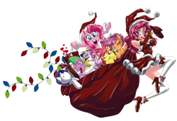 Size: 5082x3500 | Tagged: safe, artist:mauroz, derpibooru import, apple bloom, pinkie pie, rarity, scootaloo, spike, sweetie belle, dragon, earth pony, human, pegasus, pony, unicorn, absurd file size, absurd resolution, anime, bag, breasts, christmas, clothes, costume, cutie mark crusaders, female, hat, heart eyes, high heels, holiday, human ponidox, humanized, image, implied shipping, implied sparity, implied straight, male, mare, plushie, png, sack, santa claus, santa costume, santa hat, self paradox, self ponidox, shoes, simple background, snow, socks, stockings, thigh highs, transparent background, wingding eyes