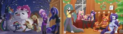 Size: 3840x1080 | Tagged: safe, artist:howxu, derpibooru import, applejack, fluttershy, pinkie pie, princess celestia, princess luna, rainbow dash, rarity, starlight glimmer, sunset shimmer, twilight sparkle, anthro, christmas, christmas lights, christmas tree, clothes, commission, door, duality, eyes closed, female, fireplace, holiday, image, mane six, open mouth, png, royal sisters, siblings, sisters, snowman, socks, stockings, thigh highs, tree, younger