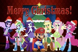 Size: 3000x2000 | Tagged: safe, artist:sugar-loop, artist:user15432, derpibooru import, applejack, fluttershy, pinkie pie, rainbow dash, rarity, twilight sparkle, twilight sparkle (alicorn), alicorn, human, equestria girls, barely eqg related, bowing, christmas, christmas lights, christmas presents, christmas star, christmas tree, cowboy hat, crossed arms, crossover, crossover shipping, female, hand on hip, hat, holiday, image, jpeg, looking at you, male, mane six, maridash, mario, mariopie, marioshy, merry christmas, night, pegasus wings, ponied up, present, santa hat, shipping, straight, super mario bros., tree, window, wings