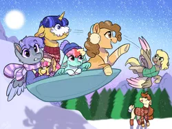 Size: 2732x2048 | Tagged: safe, artist:moccabliss, derpibooru import, oc, oc:amethyst shine, oc:cake pop, oc:cloud spirit, oc:pumpkin patch, oc:sona shy, oc:starjax, oc:summer sunrise, unofficial characters only, alicorn, earth pony, hybrid, pegasus, pony, unicorn, clothes, earmuffs, female, image, interspecies offspring, magical lesbian spawn, male, mare, offspring, parent:applejack, parent:autumn blaze, parent:bulk biceps, parent:cheese sandwich, parent:fluttershy, parent:pinkie pie, parent:rainbow dash, parent:rarity, parent:sunburst, parent:thunderlane, parent:twilight sparkle, parent:zephyr breeze, parents:autumnjack, parents:cheesepie, parents:flutterbulk, parents:rarilane, parents:twiburst, parents:zephdash, png, scarf, snow, snowboard, stallion, sweater, winter cap