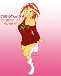 Size: 1280x1600 | Tagged: suggestive, artist:cadenreigns, derpibooru import, sunset shimmer, human, equestria girls, equestria girls series, breasts, busty sunset shimmer, christmas, cleavage, clothes, gradient background, holiday, image, looking at you, off shoulder, off shoulder sweater, png, smiling, smiling at you, socks, solo, sweater, text