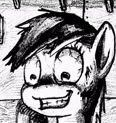 Size: 524x555 | Tagged: safe, artist:ph平和, derpibooru import, rainbow dash, pegasus, pony, bloodshot eyes, crazy face, facial expressions, faic, image, jpeg, laughing, laughing mad, monochrome, yi tooth