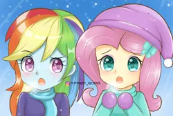 Size: 1000x673 | Tagged: safe, artist:fluttershy_art.nurul, derpibooru import, fluttershy, rainbow dash, equestria girls, winter wrap up, anime, child, clothes, cute, female, flutterdash, hairpin, image, lesbian, png, shipping, winter, winter outfit