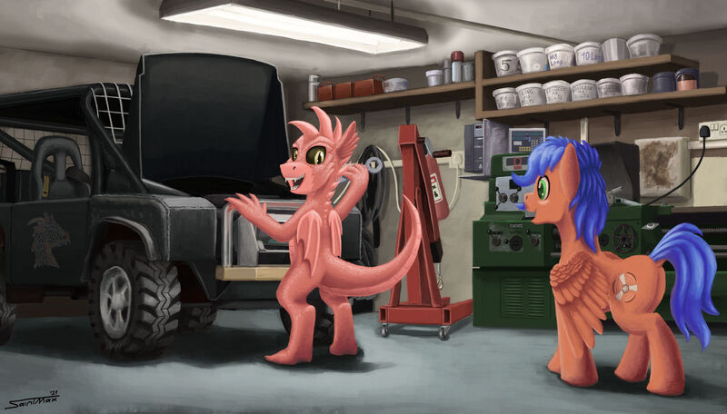 Size: 1280x730 | Tagged: safe, artist:sa1ntmax, derpibooru import, oc, oc:griffin, oc:idris, unofficial characters only, dragon, pony, car, facial hair, fire extinguisher, garage, hoist, image, indoors, jpeg, lathe, light, moustache, plug, workshop