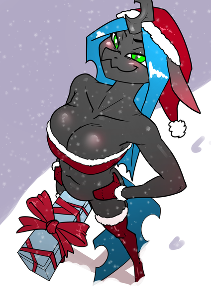 Size: 2480x3508 | Tagged: questionable, artist:chrysalisdraws, derpibooru import, queen chrysalis, anthro, belly button, breasts, christmas, cleavage, clothes, futa, futa queen chrysalis, gift wrapped, gloves, hat, holiday, image, intersex, looking at you, png, santa hat, snow, socks, stockings, thigh highs