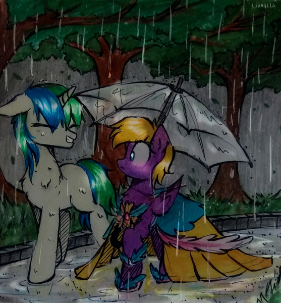 Size: 1920x2068 | Tagged: safe, artist:alexdti, artist:liaaqila, derpibooru import, oc, oc:marco, oc:purple creativity, pegasus, pony, unicorn, blushing, clothes, dress, image, jpeg, rain, traditional art, umbrella