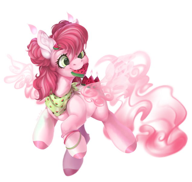 Size: 1565x1477 | Tagged: safe, artist:shady-bush, derpibooru import, oc, original species, pony, scented pony, female, food, image, mare, mouth hold, png, simple background, solo, transparent background, watermelon