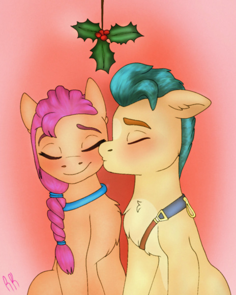 Size: 1102x1378 | Tagged: safe, artist:rosekimart, derpibooru import, hitch trailblazer, sunny starscout, pony, my little pony: a new generation, bestfriends, christmas, female, g5, holiday, holly, holly mistaken for mistletoe, image, jpeg, kissing, love, male, mare, mistletoe, shipping, stallion, straight, sunnyhitch