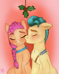 Size: 1102x1378 | Tagged: safe, artist:rosekimart, derpibooru import, hitch trailblazer, sunny starscout, pony, my little pony: a new generation, bestfriends, christmas, female, g5, holiday, holly, holly mistaken for mistletoe, image, jpeg, kissing, love, male, mare, mistletoe, shipping, stallion, straight, sunnyhitch