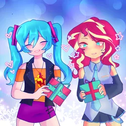 Size: 1280x1280 | Tagged: safe, artist:panimeko, derpibooru import, sunset shimmer, human, anime, blushing, christmas, clothes, clothes swap, crossover, cute, duo, eyes closed, female, geode of empathy, hatsune miku, heart, holiday, humanized, image, jacket, jewelry, leather jacket, magical geodes, necklace, open mouth, png, present, shimmerbetes, shirt, skirt, stars, t-shirt, vocaloid