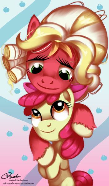 Size: 1200x2034 | Tagged: safe, artist:esuka, derpibooru import, apple bloom, big macintosh, earth pony, pony, brotherhooves social, crossdressing, female, filly, foal, image, male, orchard blossom, png, siblings, stallion