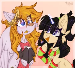 Size: 2010x1843 | Tagged: safe, artist:tizhonolulu, derpibooru import, oc, oc:cookie byte, oc:tiz honolulu, pegasus, pony, unicorn, cheek fluff, chest fluff, chocolate, clothes, cookie, cutie mark, female, food, headband, hot chocolate, image, magic, mug, oc x oc, png, ponytail, scarf, shipping, socks, striped scarf, striped socks